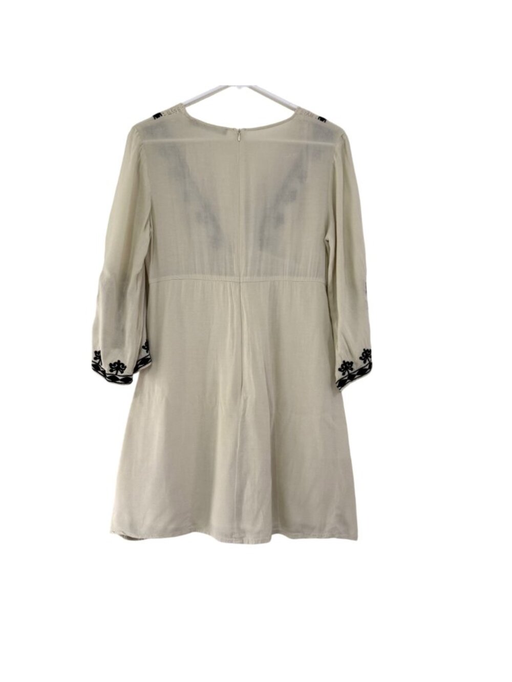 Ark & Co Embroidered Boho Mini Dress Cream Black Bell Sleeve Crochet Trim M - Picture 5 of 9